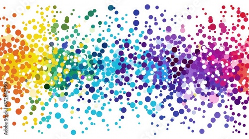 A vibrant background of colorful bright dots in a spectrum of rainbow hues, arranged in a random scatter pattern on a white canvas, creating a playful and joyful atmosphere.