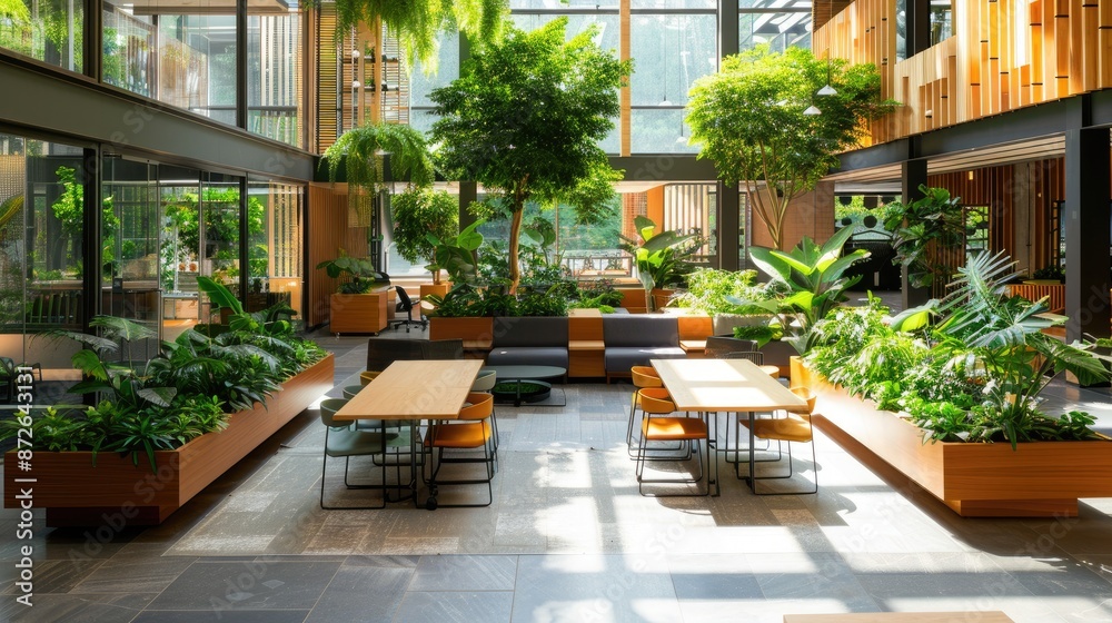 A large open space with a lot of greenery and tables. The tables are surrounded by chairs and there are potted plants in the area. The atmosphere is calm and relaxing A large open space with a lot of greenery and tables. The tables are surrounded by chairs and there are potted plants in the area. The atmosphere is calm and relaxing