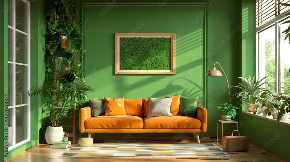 Obraz premium Bright living room with yellow accents, modern furniture, and cozy atmosphere.