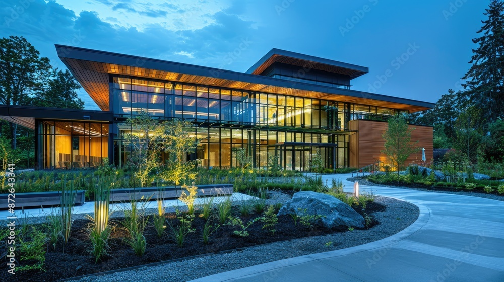 Large building with a lot of windows and a green lawn. The building is lit up at night, giving it a warm and inviting atmosphere