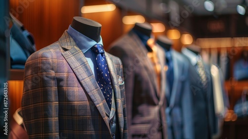 An elegant men's suit on a mannequin inside a trendy boutique, emphasizing the luxury and modernity of the menswear store.