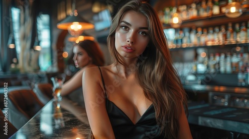 Two women are sitting at a bar, one of them is wearing a black dress. Generate AI