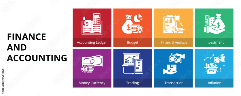 Finance and Accounting Glyph Solid Banner Web Icon Set Vector Illustration, Accounting Ledger Budget Financial Analysis Investment Money Currency Trading Transaction Inflation Finance and Accounting Glyph Solid Banner Web Icon Set Vector Illustration, Accounting Ledger Budget Financial Analysis Investment Money Currency Trading Transaction Inflation