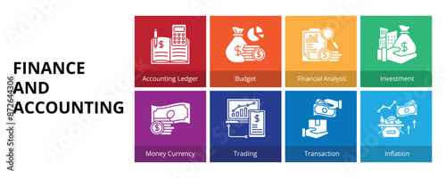 Finance and Accounting Glyph Solid Banner Web Icon Set Vector Illustration, Accounting Ledger Budget Financial Analysis Investment Money Currency Trading Transaction Inflation
