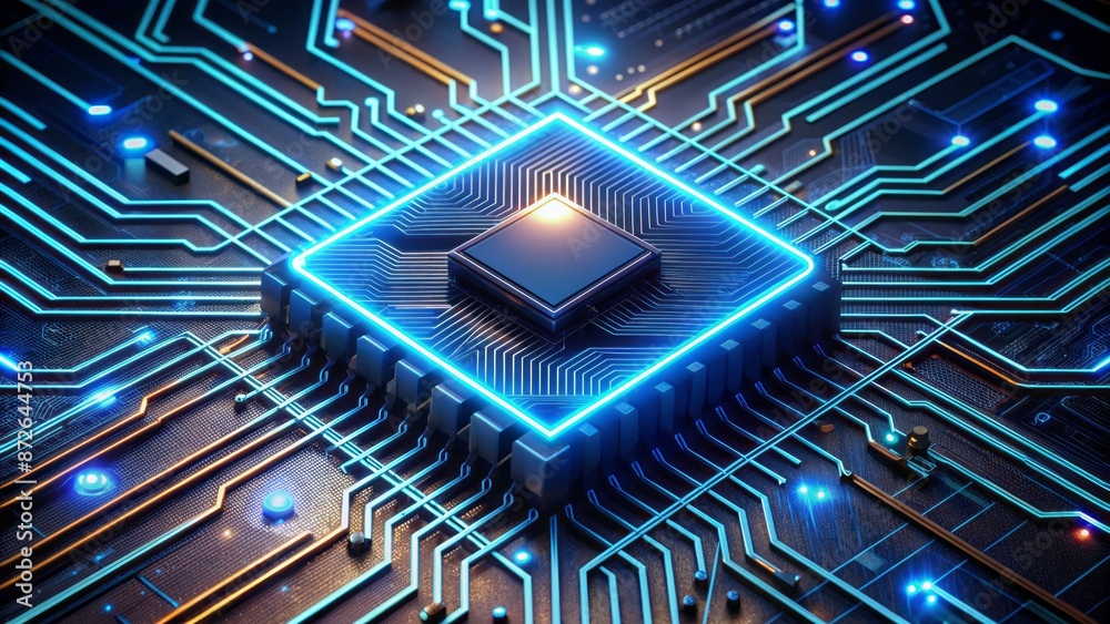 A rotating futuristic multilayer semiconductor chip with intricate circuitry and glowing blue lines, seamless looping animation isolating on black background. A rotating futuristic multilayer semiconductor chip with intricate circuitry and glowing blue lines, seamless looping animation isolating on black background.