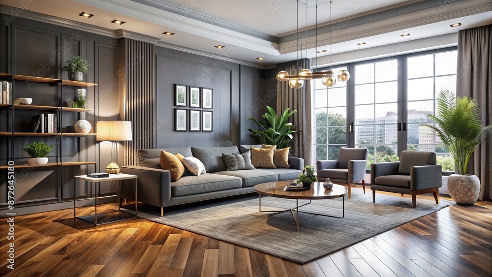 Fototapeta premium Contemporary chic modern living room with sleek gray walls, polished wooden floors, and stylish furniture set in 3D rendering.
