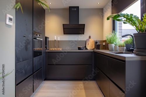 Luxury black modern kitchen with black cabinets and black countertops