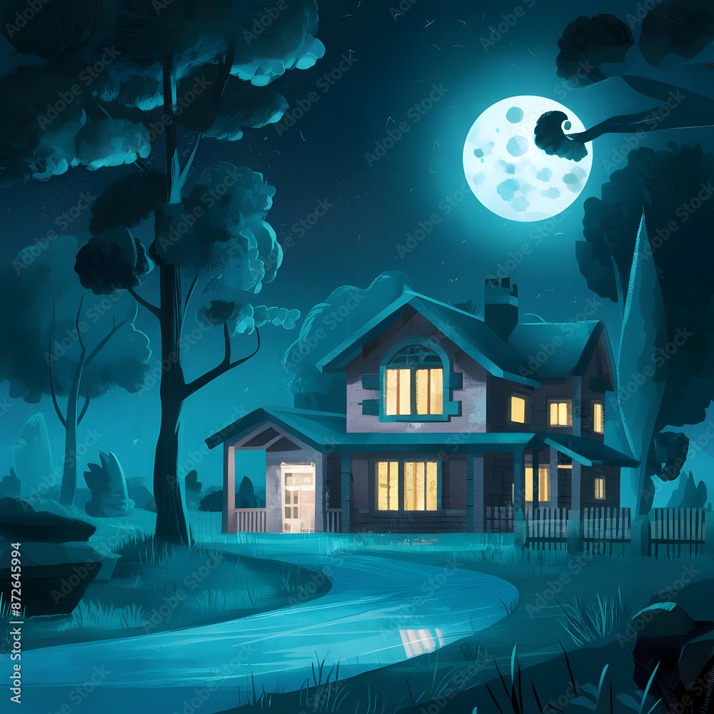 Fototapeta premium Moonlit Cottage in the Woods