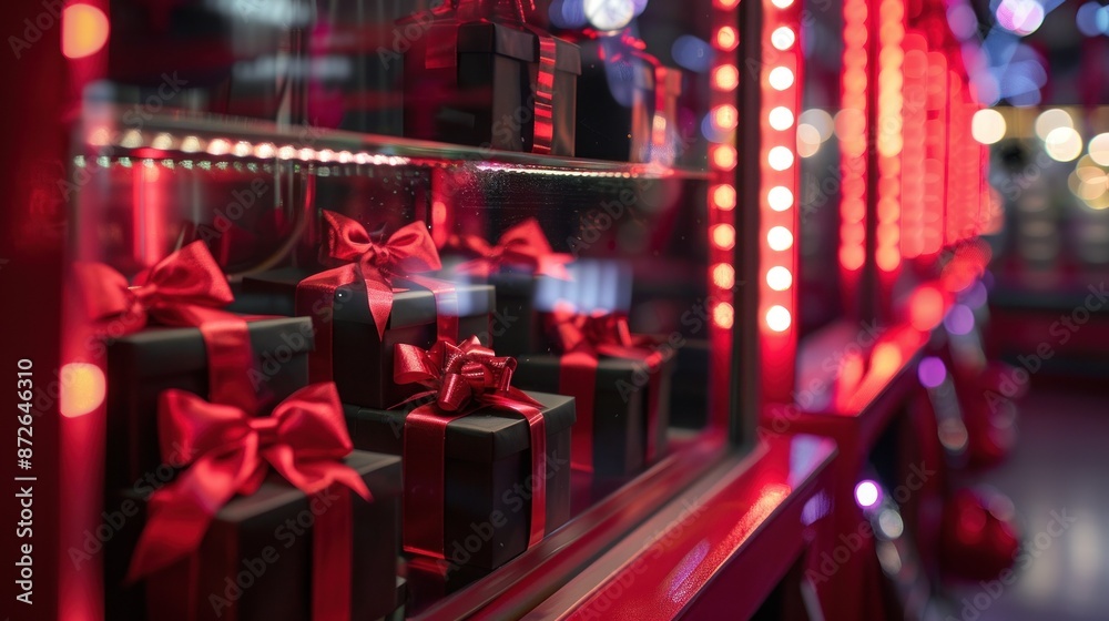 Stylish black gifts with red ribbons in display case Stylish black gifts with red ribbons in display case
