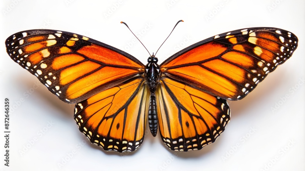 Vibrant orange and black monarch butterfly with delicate wings and slender body perched on a pristine white background alone. Vibrant orange and black monarch butterfly with delicate wings and slender body perched on a pristine white background alone.
