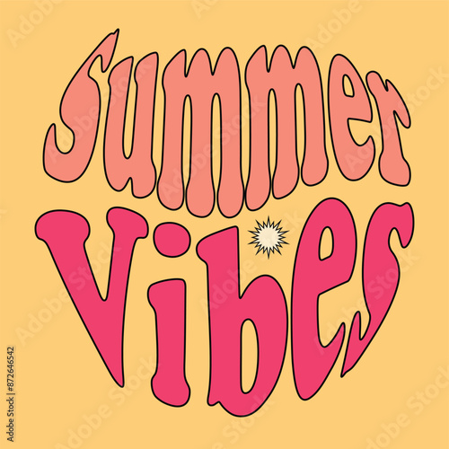 Handwritten style summer days ahead in the shape of a circle. Colorful cartoon vector design. Illustration for any purpose. Positive motivational or inspirational quote. Groovy vintage lettering