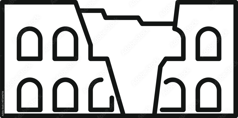 Simple line drawing representing a destroyed building, potentially after a war or an earthquake Simple line drawing representing a destroyed building, potentially after a war or an earthquake