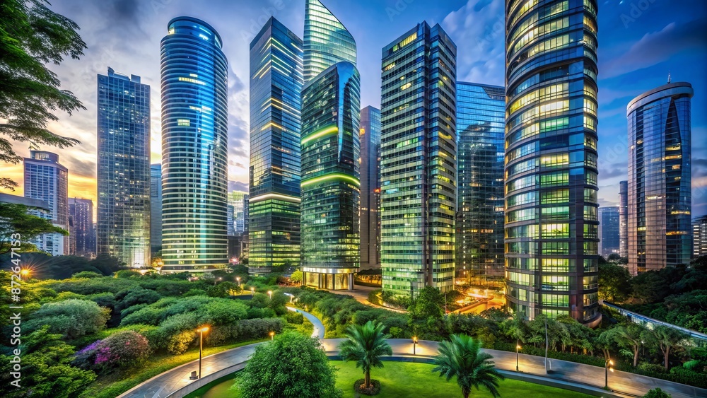 Fototapeta premium Modern sleek skyscrapers with neon lights and curved glass facades rising amidst lush greenery in a futuristic urban landscape.