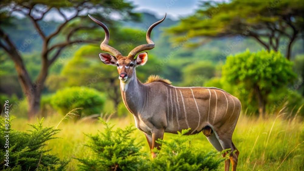 Majestic Greater Kudu with spiraling horns grazing peacefully amidst lush greenery in a serene east African protected park wilderness setting. Majestic Greater Kudu with spiraling horns grazing peacefully amidst lush greenery in a serene east African protected park wilderness setting.