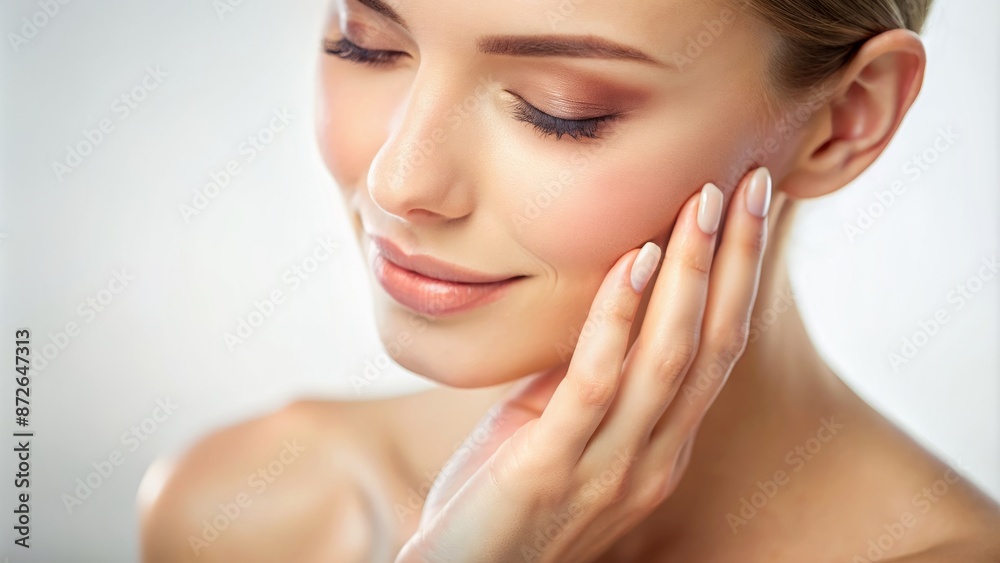 Soft focus closeup of a gentle hand touching a smooth cheek on a clean white background with a natural glow. Soft focus closeup of a gentle hand touching a smooth cheek on a clean white background with a natural glow.