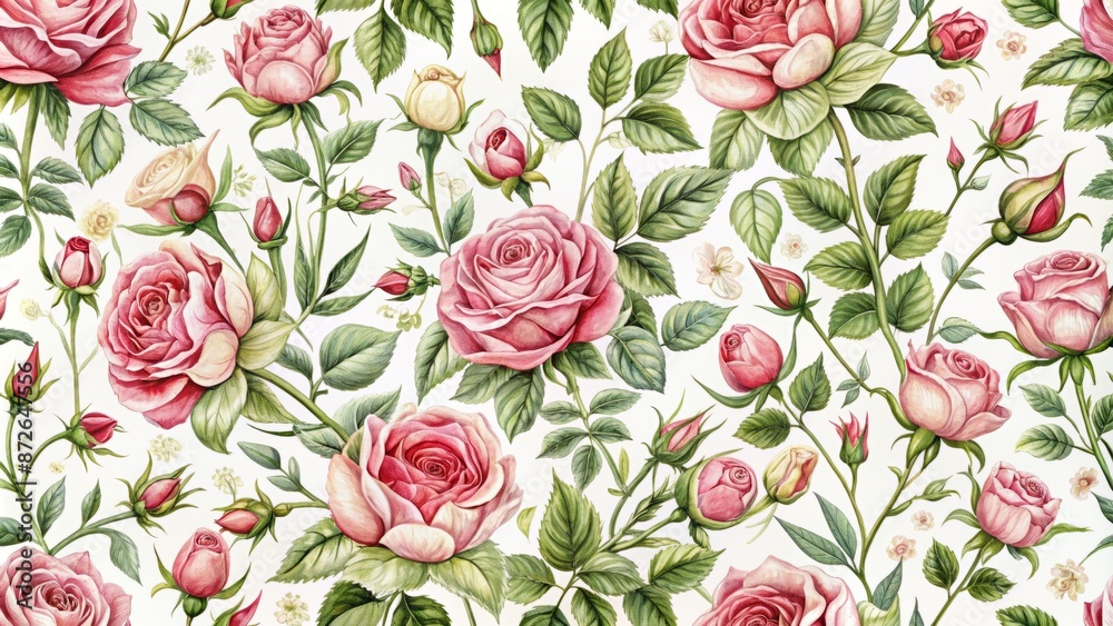 Delicate hand-drawn roses with intricate buds create a stunning seamless pattern on a crisp white background.