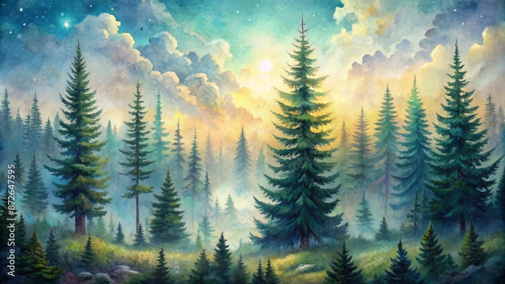 Ethereal watercolor depiction of majestic evergreen trees against soft celestial background evoking tranquility and harmony in serene forest landscape. Ethereal watercolor depiction of majestic evergreen trees against soft celestial background evoking tranquility and harmony in serene forest landscape.