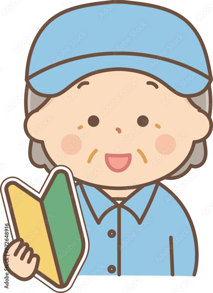 初心者マークを持っている作業服のシニア女性