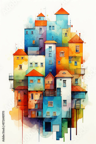 Colorful Cityscape with Brightly Painted Buildings and Soft Background Skyscrapers photo