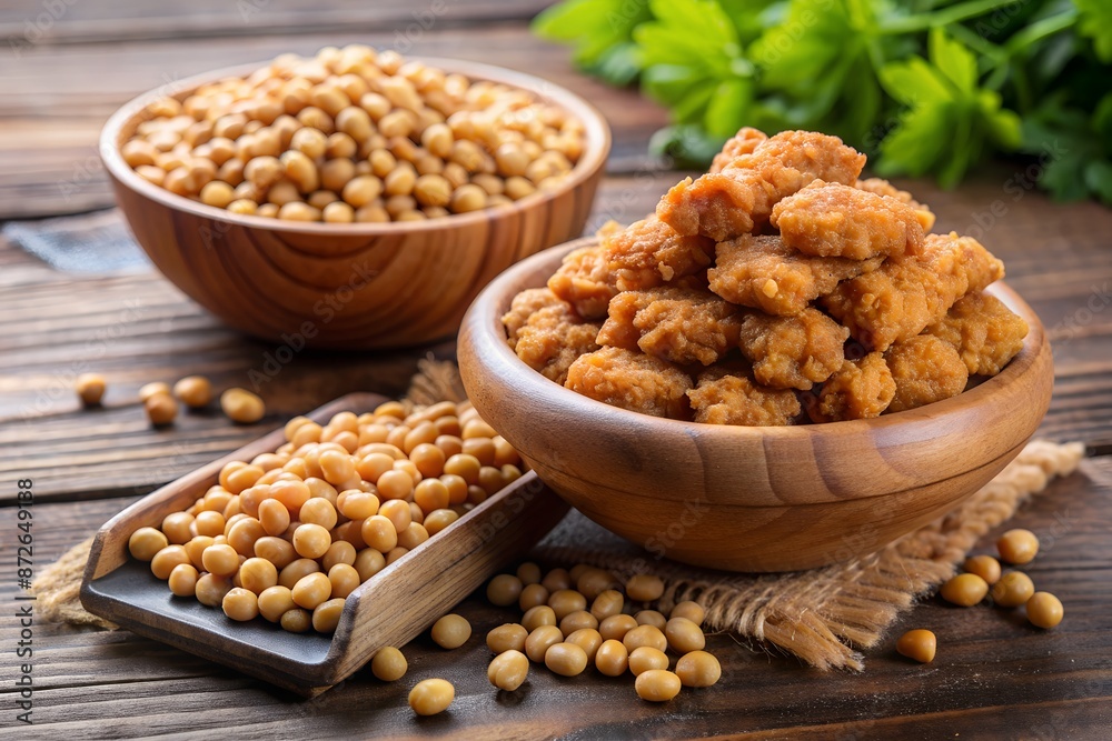 fried soy meat next to soya bean. Vegetarian diet fried soy meat next to soya bean. Vegetarian diet