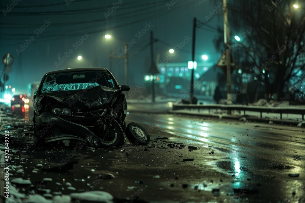 A nighttime car accident, with a mangled car parked on the road, reflects a sad and dramatic time. A nighttime car accident, with a mangled car parked on the road, reflects a sad and dramatic time.