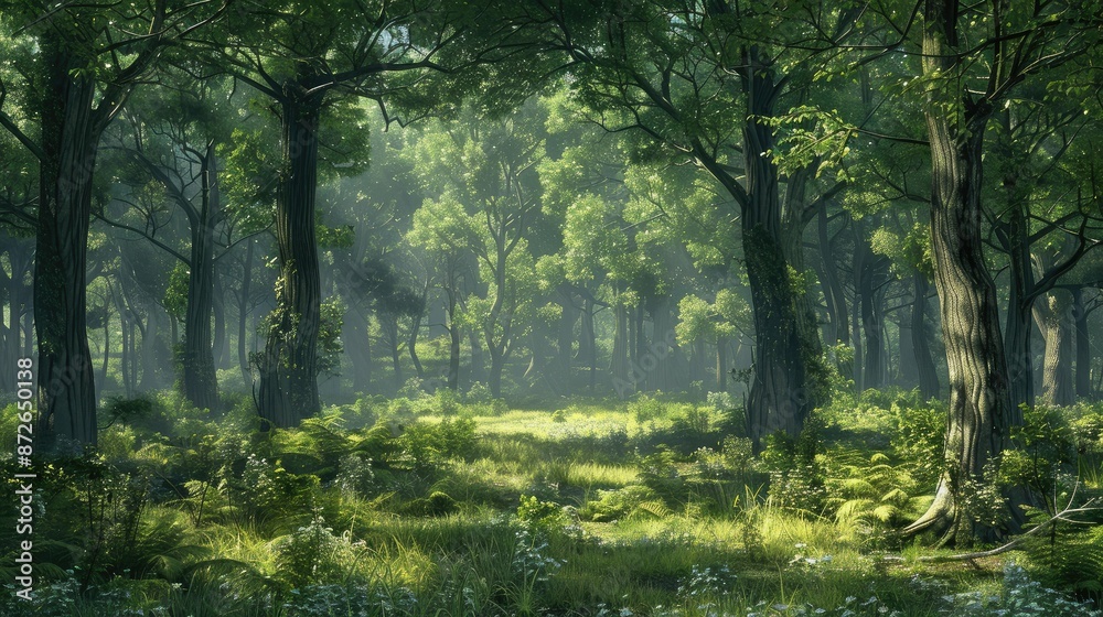 A beautiful fairytale enchanted forest with big trees and great vegetation A beautiful fairytale enchanted forest with big trees and great vegetation