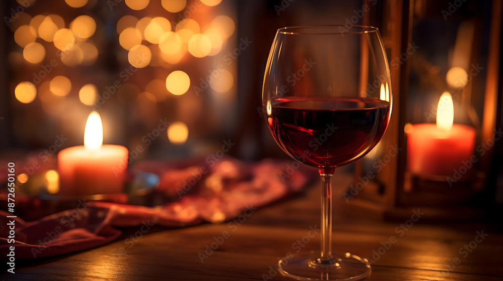 A red wine glass placed on a table with a softly lit candle in the background A red wine glass placed on a table with a softly lit candle in the background