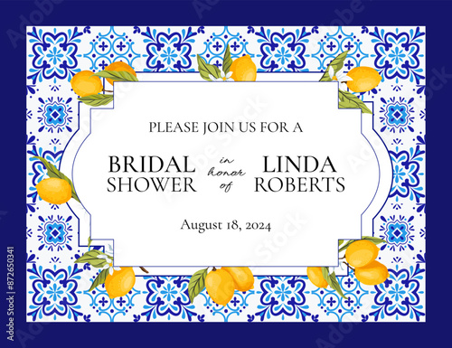 Blue tiles and lemons bridal shower invitation.