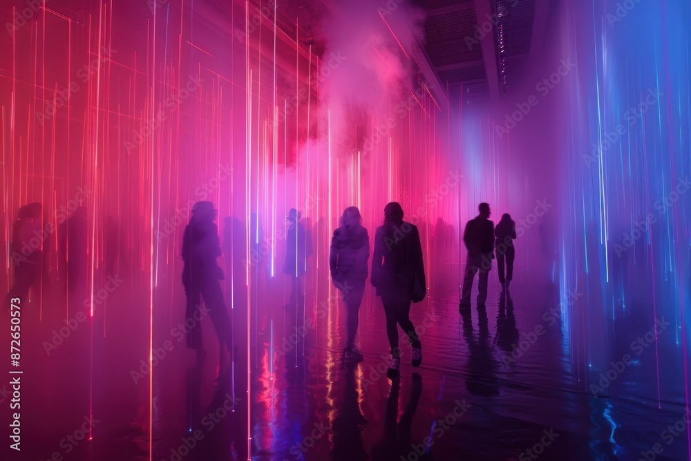 People amidst neon lights in a foggy environment People amidst neon lights in a foggy environment