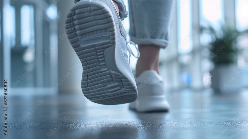 Fototapeta premium A person is walking on a white floor with a white shoe. Generate AI