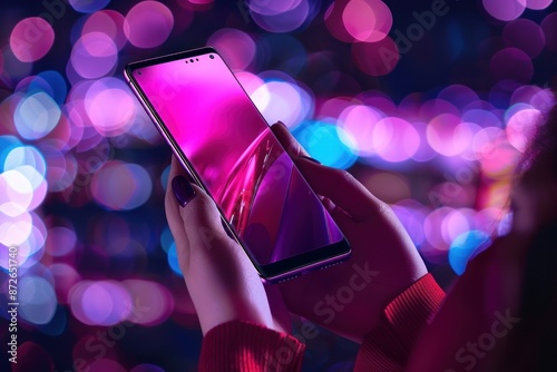 Person viewing smartphone with vibrant pink display photo