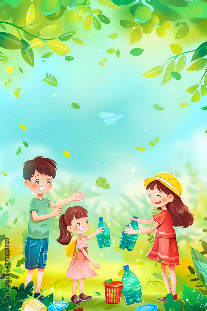 Parents collecting plastic waste with kids. Plastic pollution