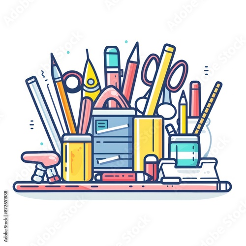 A simple vector icon illustration depicting the group of school supply items at center for a website isolated white background