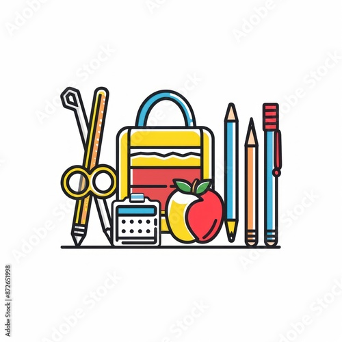 A simple vector icon illustration depicting the group of school supply items at center for a website isolated white background