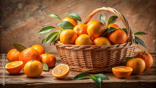 A still life arrangement of vibrant oranges overflowing from a wicker basket on a rustic wooden table against a cream backdrop.