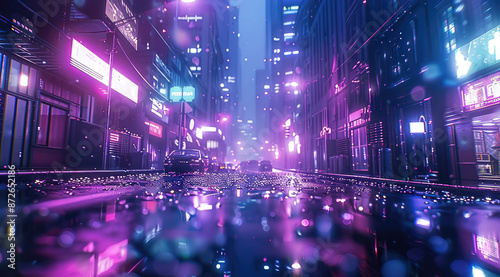 Futuristic city street, purple and blue lights, futuristic architecture. Generative AI.