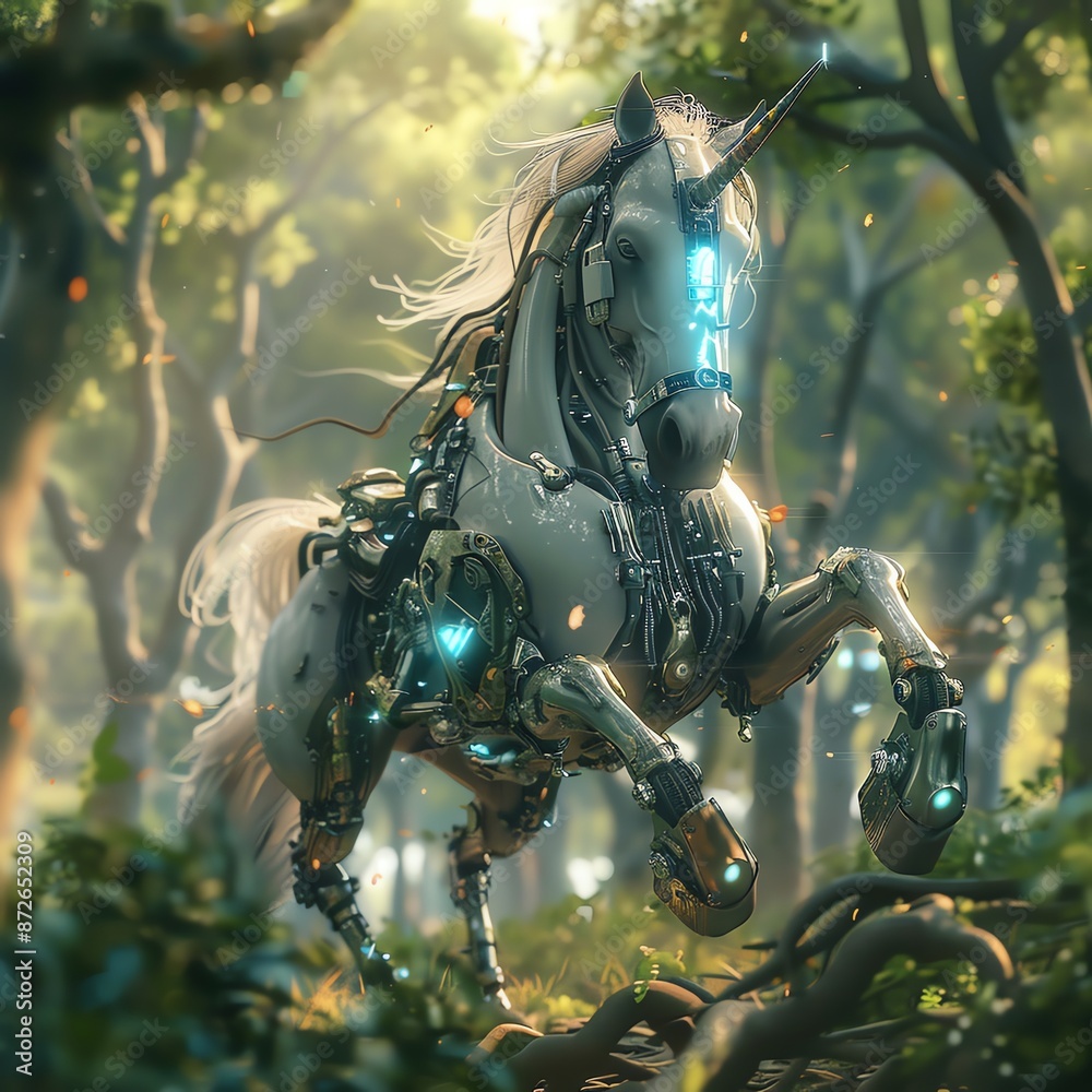 Cybernetic unicorn galloping through a digital meadow, mythical meets modern, enchanted tech,