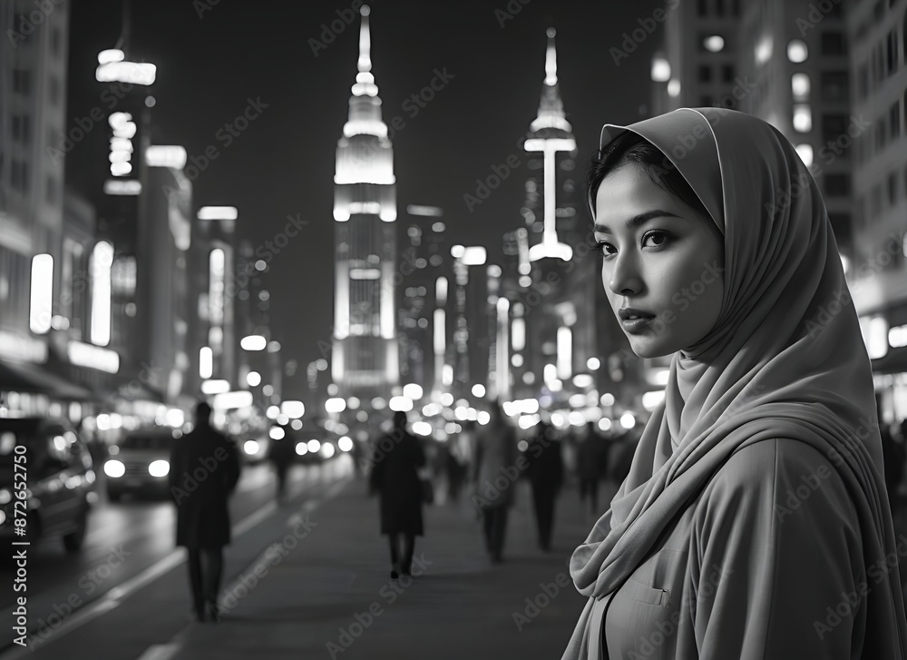 Fototapeta premium Night-time Cityscape with Woman in Islamic Attire