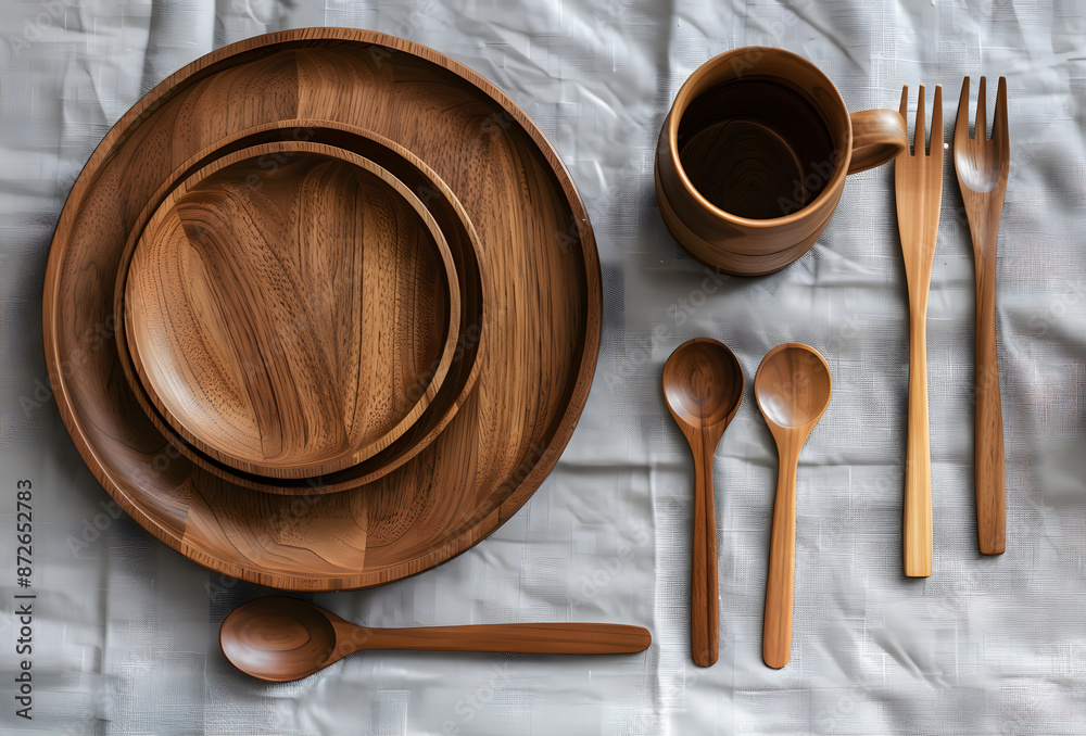A flat lay photography showcases a collection of teak wood tableware arranged on a gray linen tablecloth. A flat lay photography showcases a collection of teak wood tableware arranged on a gray linen tablecloth.