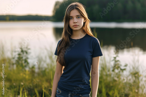 Woman navy blue round neck blank t-shirt mockup with model