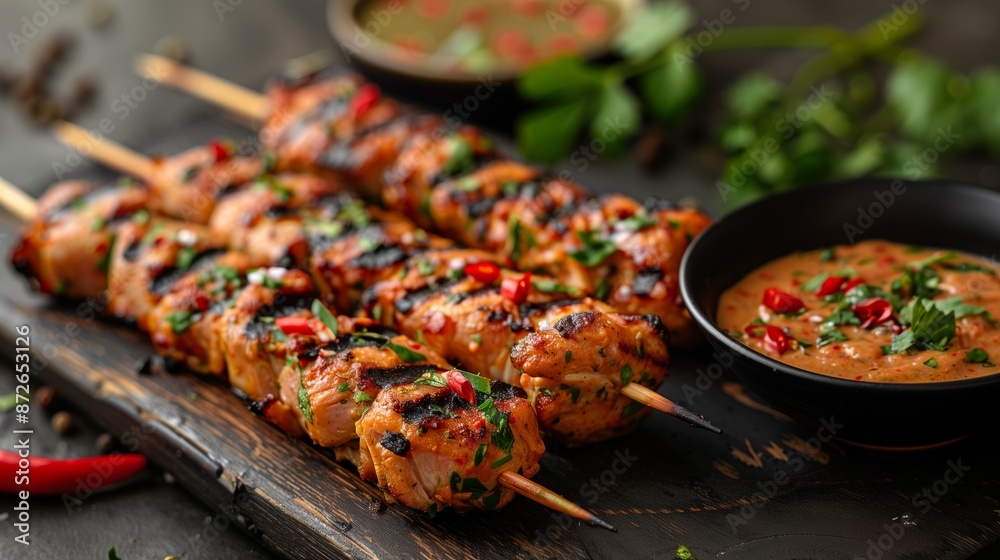 Spicy chicken skewers with dipping sauce. Grilled chicken skewers garnished with herbs and chili, served with a spicy dipping sauce, creating a flavorful dish. Spicy chicken skewers with dipping sauce. Grilled chicken skewers garnished with herbs and chili, served with a spicy dipping sauce, creating a flavorful dish.