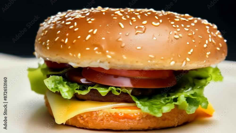 Classic cheeseburger with fresh lettuce and tomato on a white plate Classic cheeseburger with fresh lettuce and tomato on a white plate
