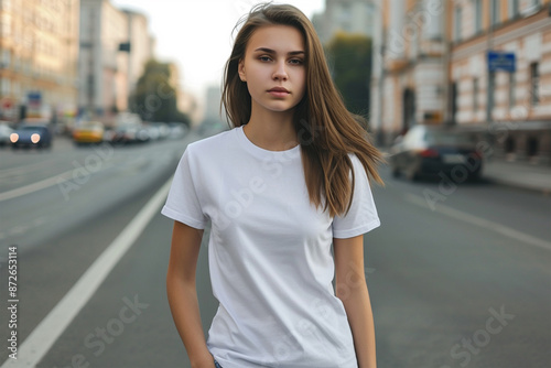 Woman white round neck blank t-shirt mockup with model