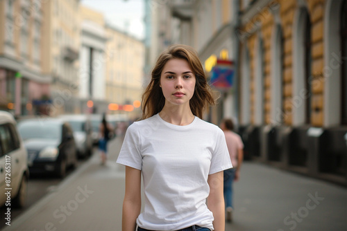 Woman white round neck blank t-shirt mockup with model