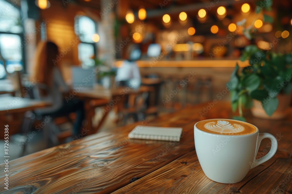 Latte on wooden table in warm cafe. Latte on a wooden table in a warm, inviting cafe setting, with a blurred background of people and cozy lights. Latte on wooden table in warm cafe. Latte on a wooden table in a warm, inviting cafe setting, with a blurred background of people and cozy lights.