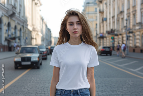 Woman white round neck blank t-shirt mockup with model