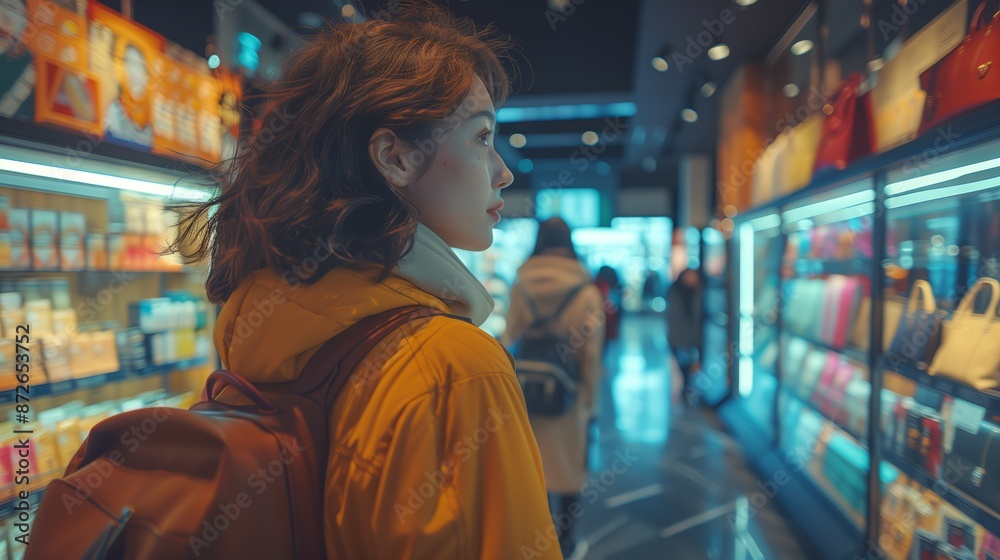 Young woman in yellow jacket shopping. Young woman wearing a yellow jacket with a backpack explores a brightly lit store, looking at products with curiosity. Young woman in yellow jacket shopping. Young woman wearing a yellow jacket with a backpack explores a brightly lit store, looking at products with curiosity.