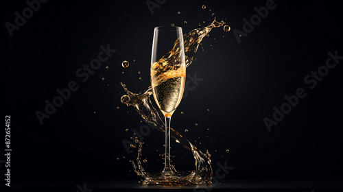 A single champagne glass with bubbles sparkling and liquid cascading over the rim