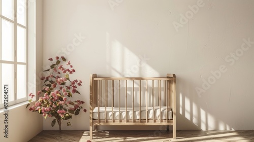 A peaceful, sun-drenched nursery with a wooden crib decorated with flowers.