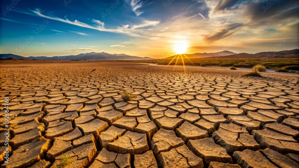 Barren, desolate terrain with deep cracks and fissures in parched ...